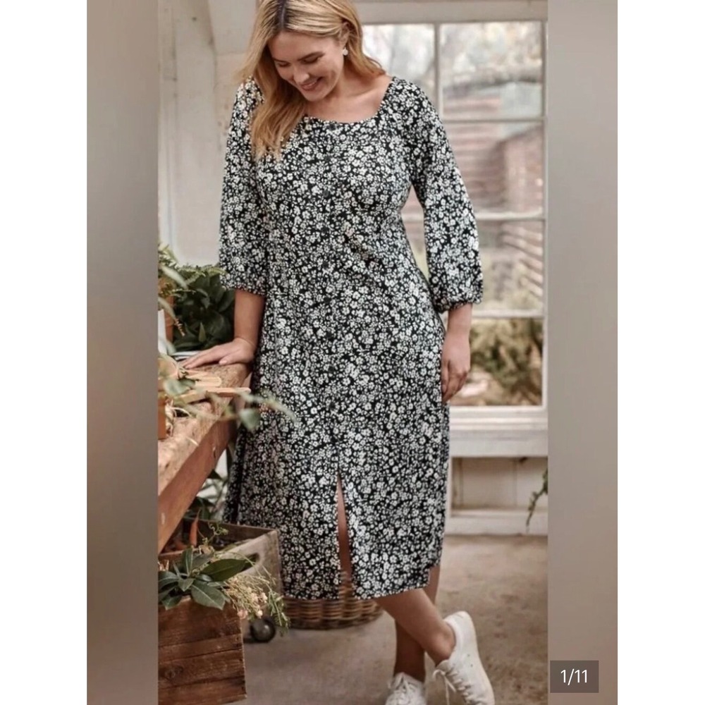 J. Jill Floral Midi Dress Womens Medium Black White Square Neck Button Front